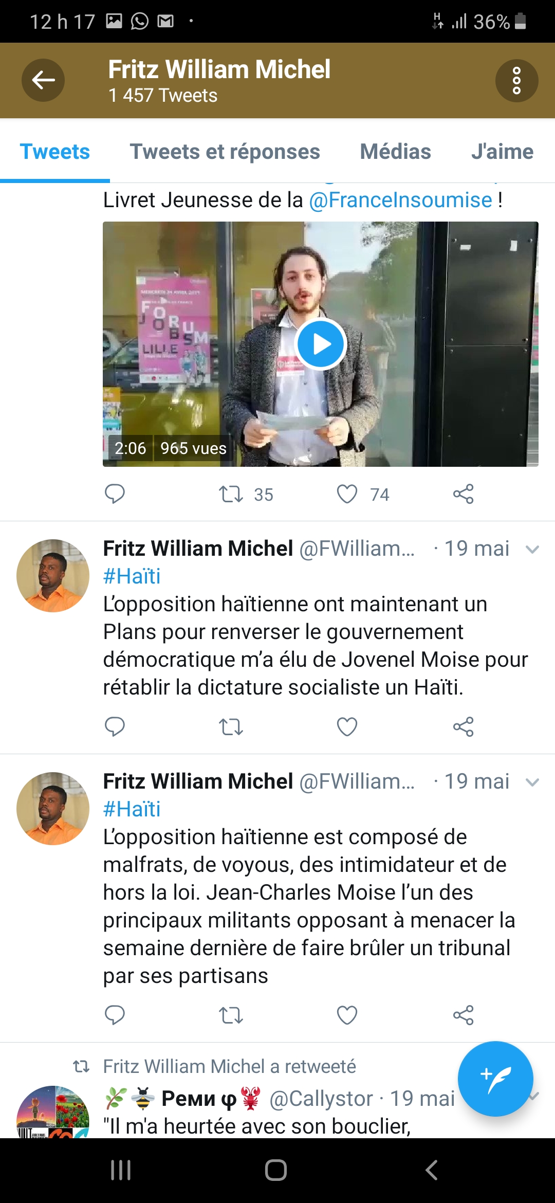 Des publications très embarrassantes pour Fritz William Michel découvertes sur Twitter