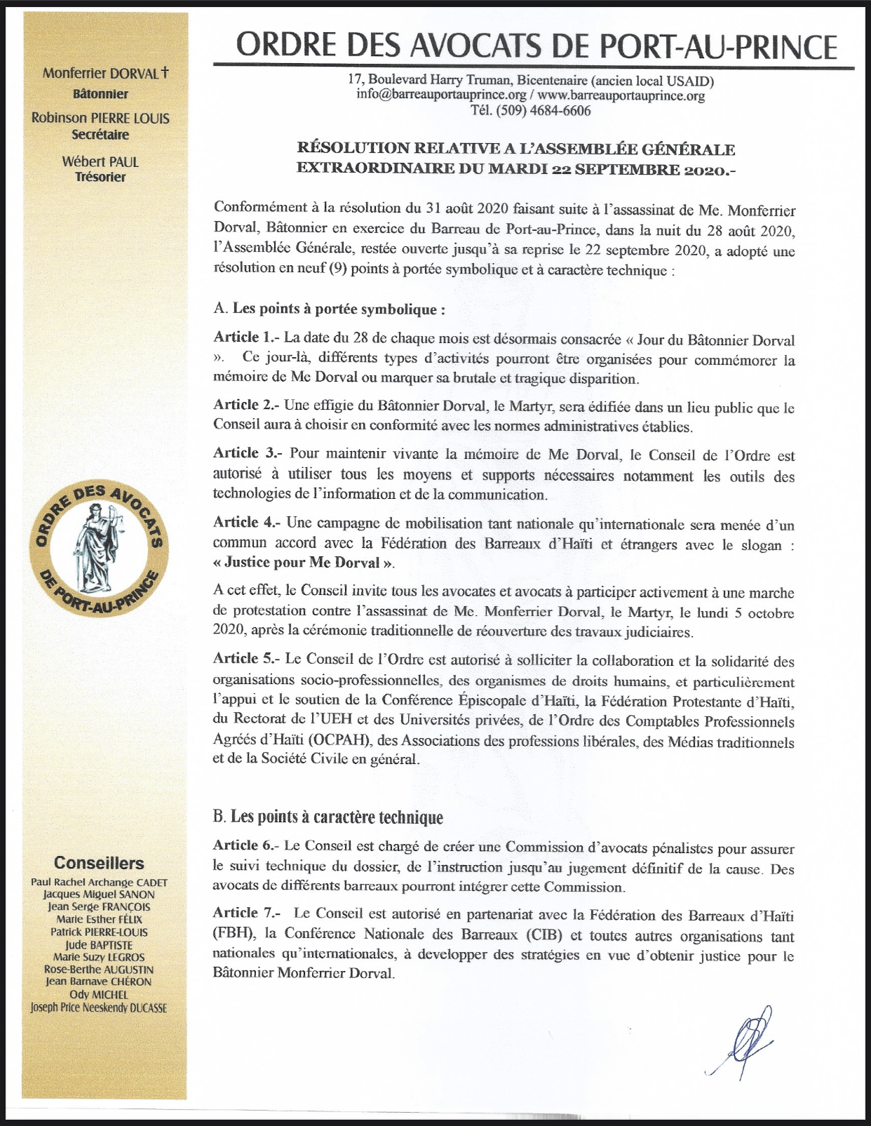 L’ordre des avocats de Port-au-Prince mobilisé pour immortaliser la mémoire du bâtonnier Monferrier Dorval