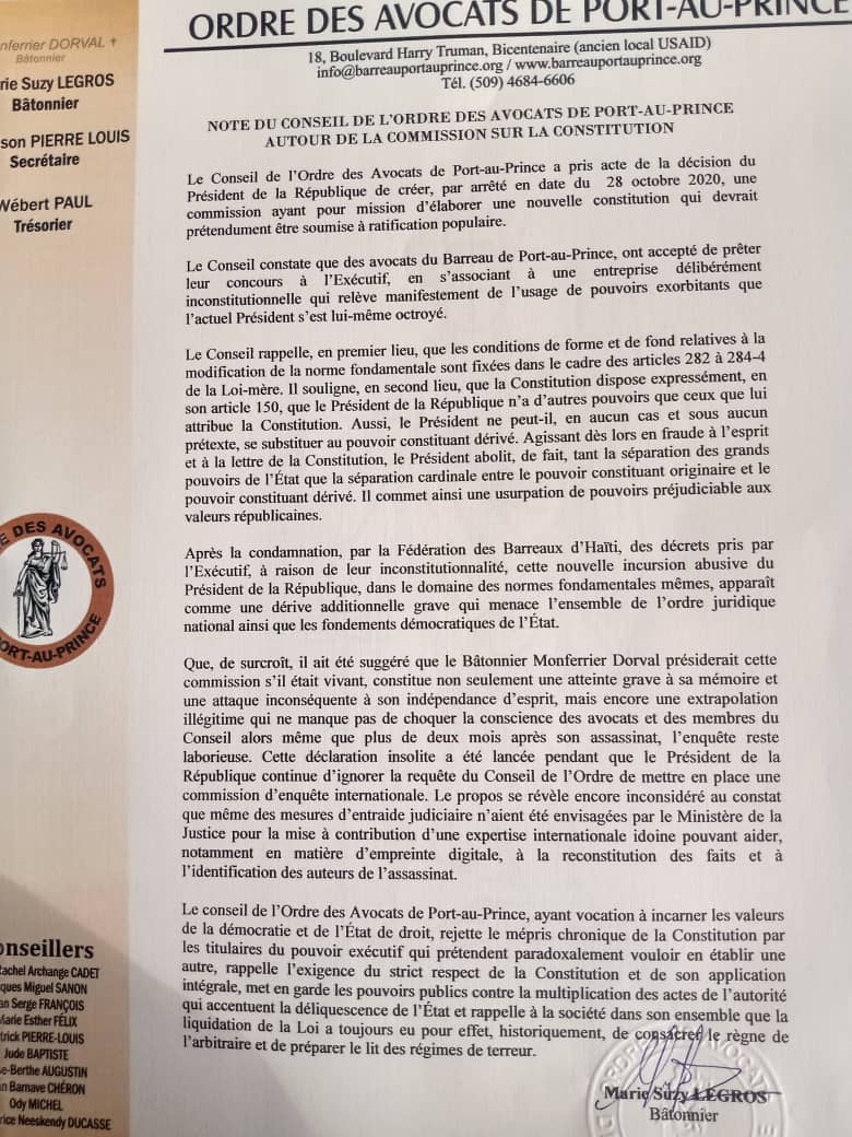 «Le président commet une usurpation de pouvoirs préjudiciables aux valeurs républicaines», estime le barreau de Port-au-Prince