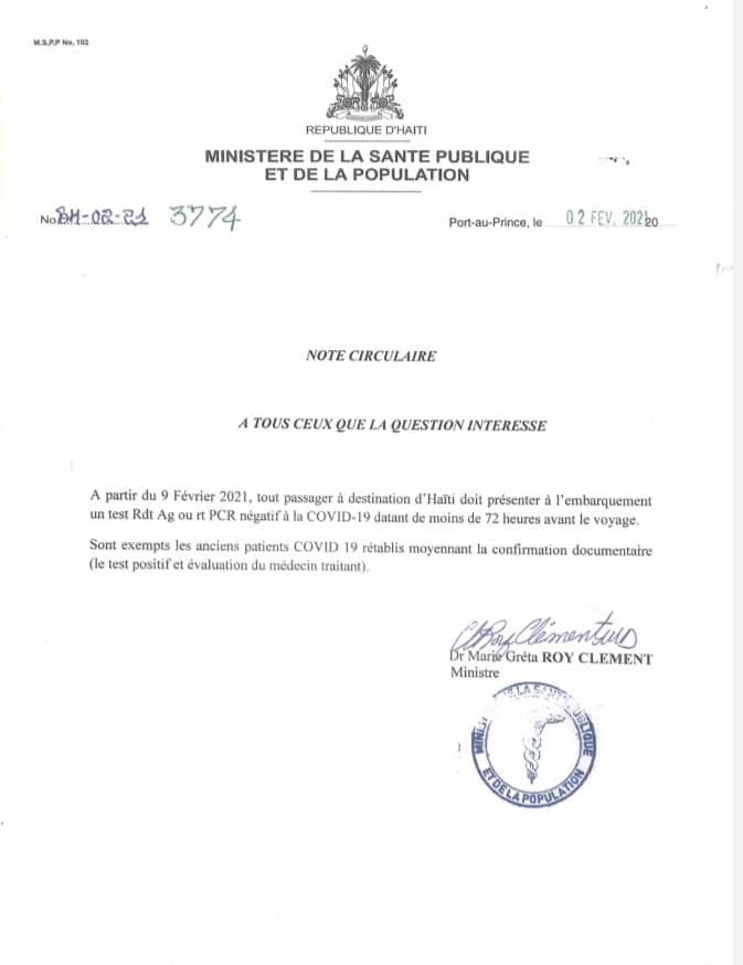 Test Covid-19 obligatoire pour rentrer en Haïti à partir du 9 février 