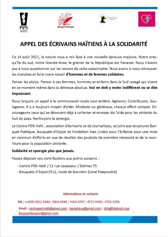 Haïti-tremblement de terre : des écrivains haïtiens appellent à la solidarité