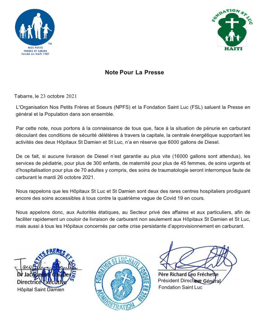 Pénurie de carburant en Haïti, des hôpitaux risquent de fermer leurs portes