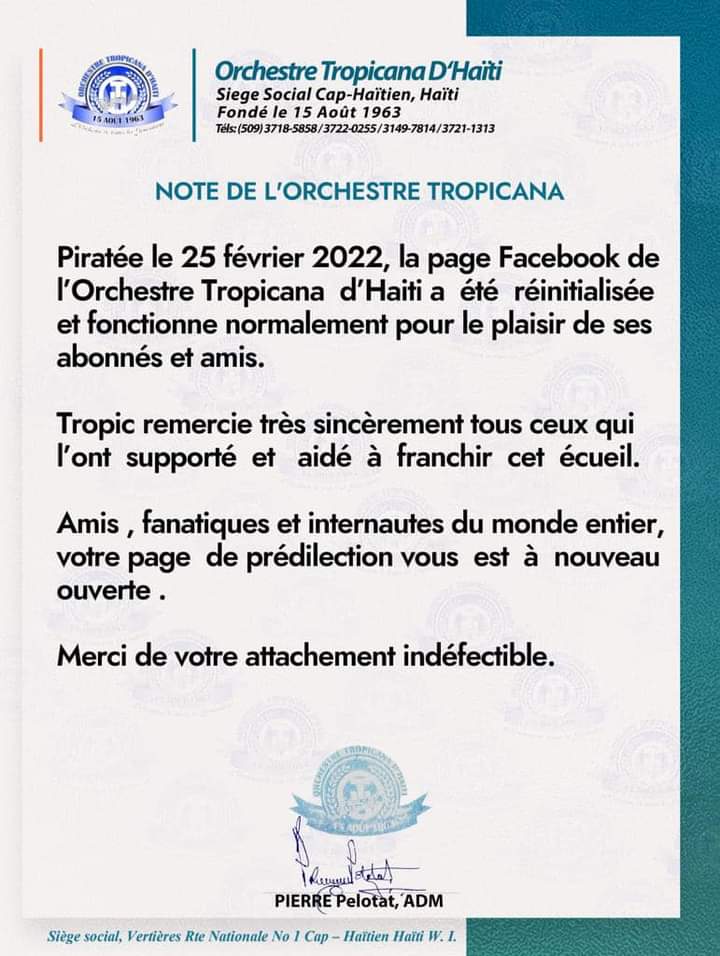 La page Facebook de Tropicana d'Haïti récupérée
