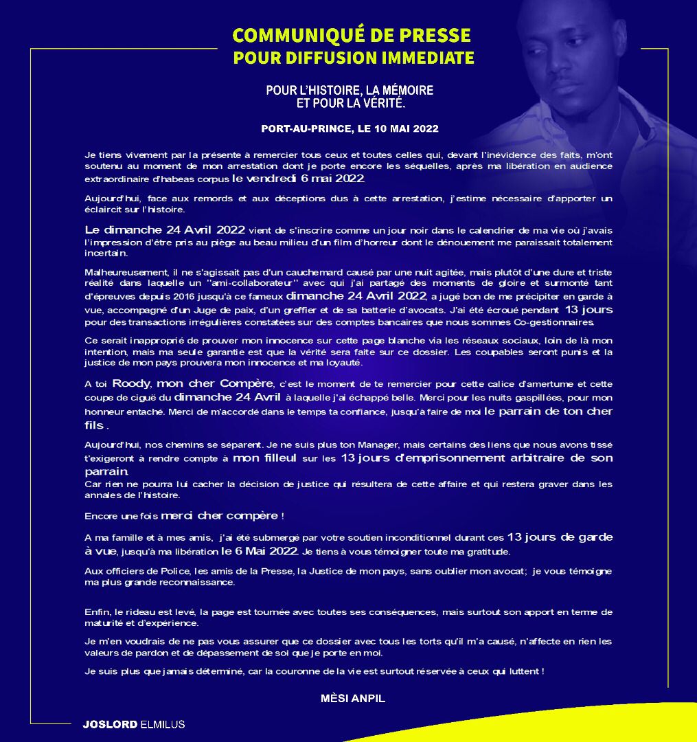 Joslord Elmilus : la justice de mon pays prouvera mon innocence et ma loyauté