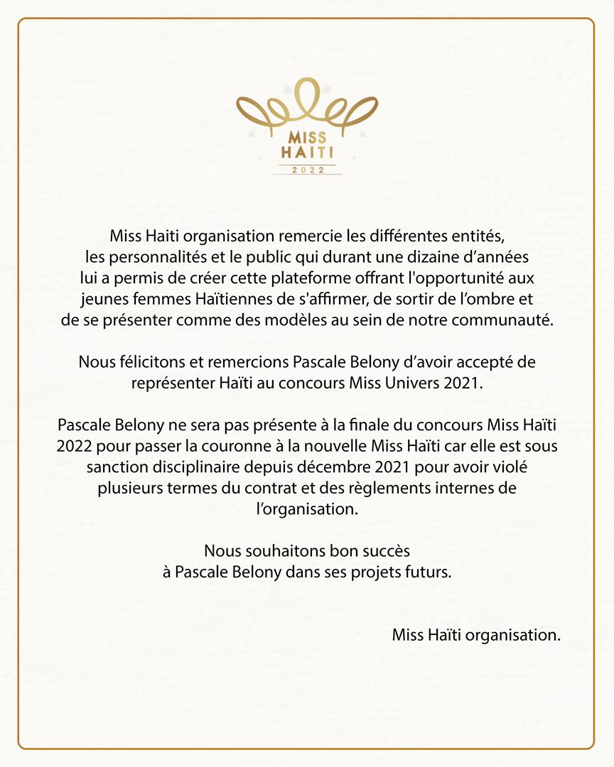 Pascale Bélony est sous sanction disciplinaire, d'après l'organisation Miss Haïti