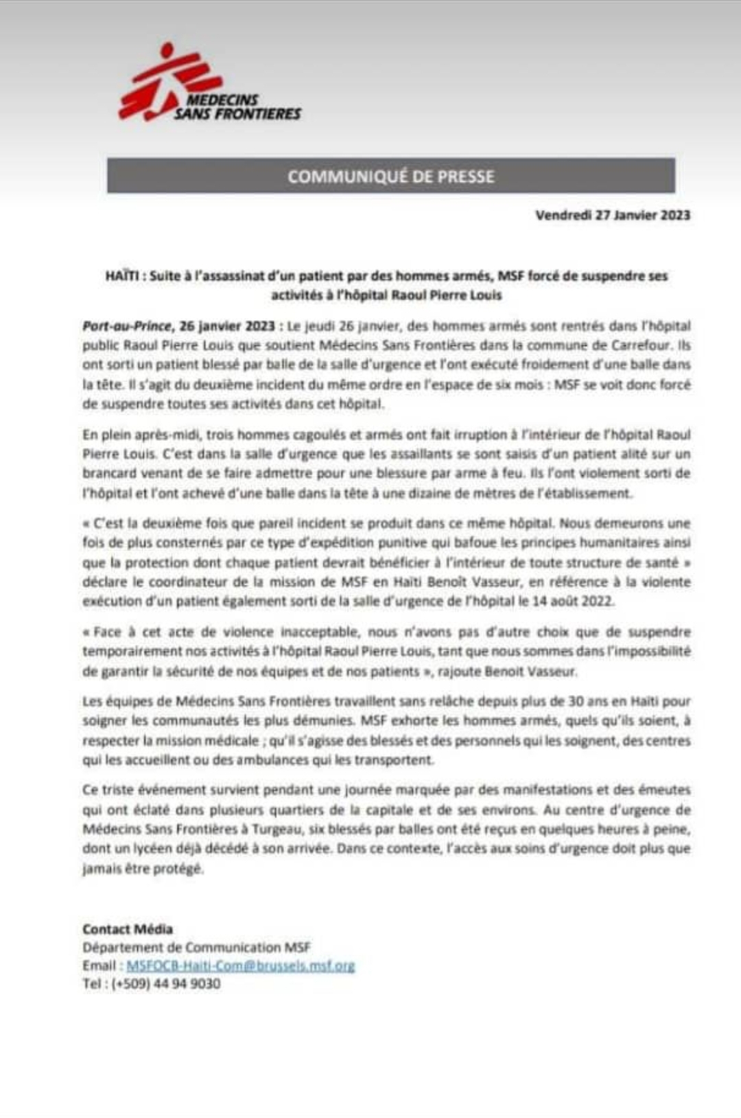 Après l'exécution d'un patient, MSF suspend ses activités à l'hôpital Raoul Pierre Louis
