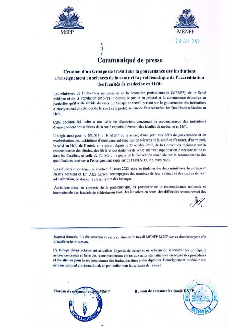 Accréditation des facultés de médecine : MENFP et MSPP annoncent la création d'un groupe de travail