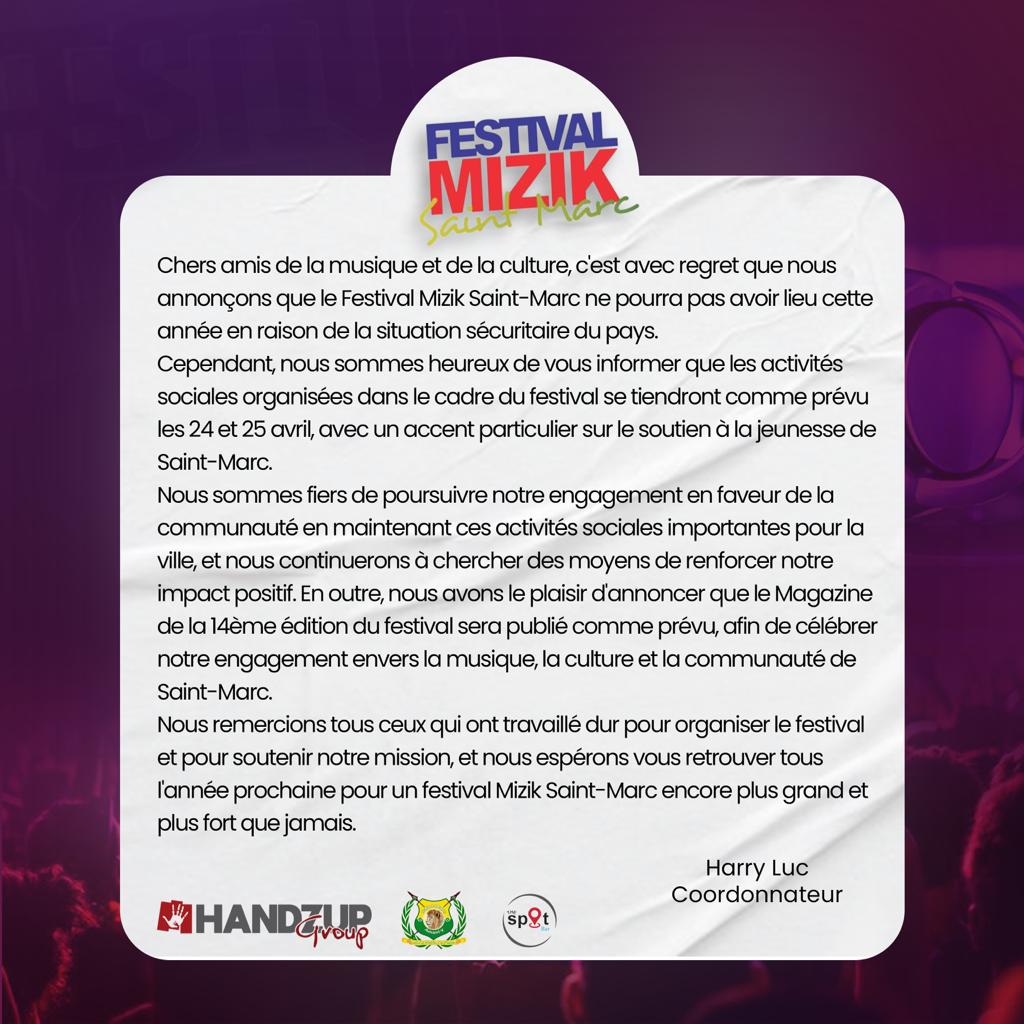 Festival Mizik Saint-Marc n'aura pas lieu cette année