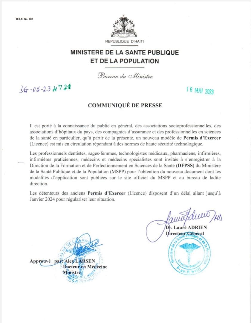 Le ministère de la Santé publique exige un nouveau permis d'exercer des professionnels de santé