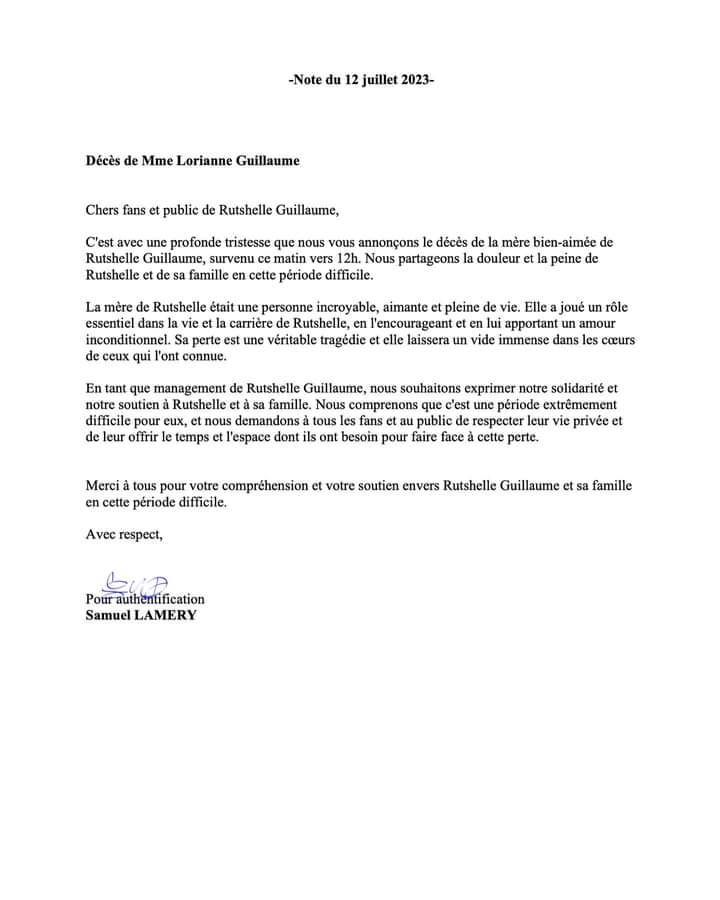 Décès de la mère de Rutshelle Guillaume