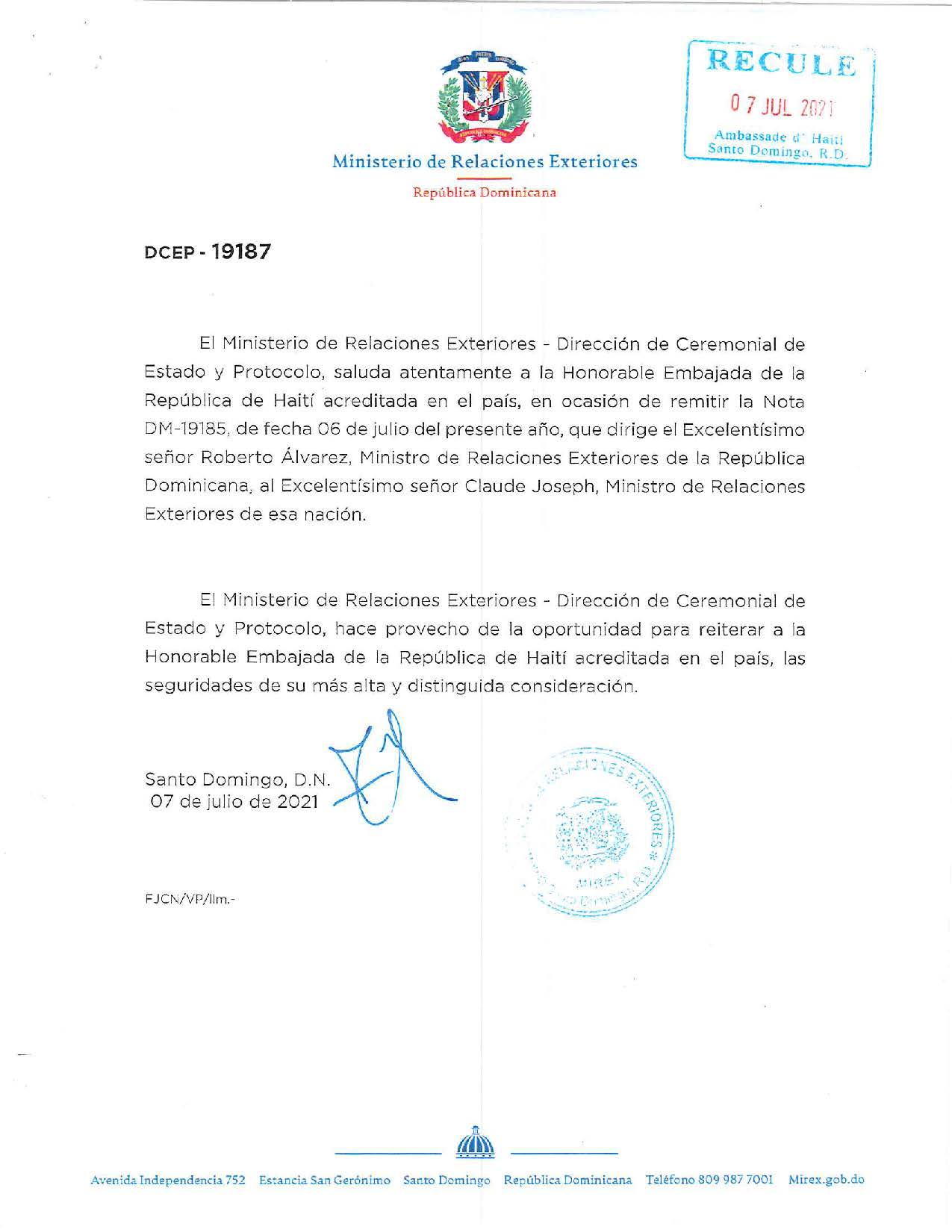 Lettre du Chancelier dominicain au Chancelier haïtien/construction canal - rivière Massacre