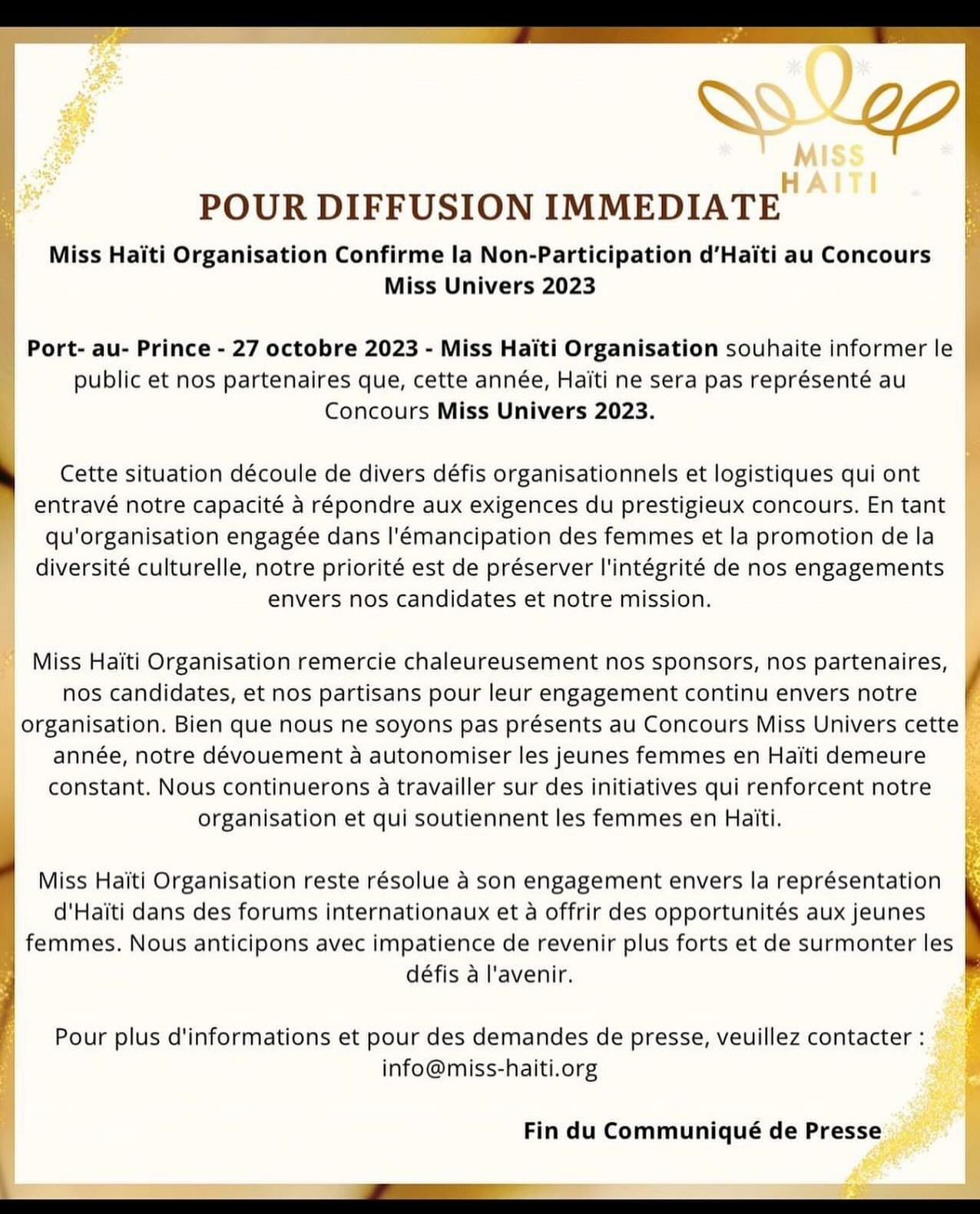 Haiti ne participera pas au Concours Miss Univers 2023