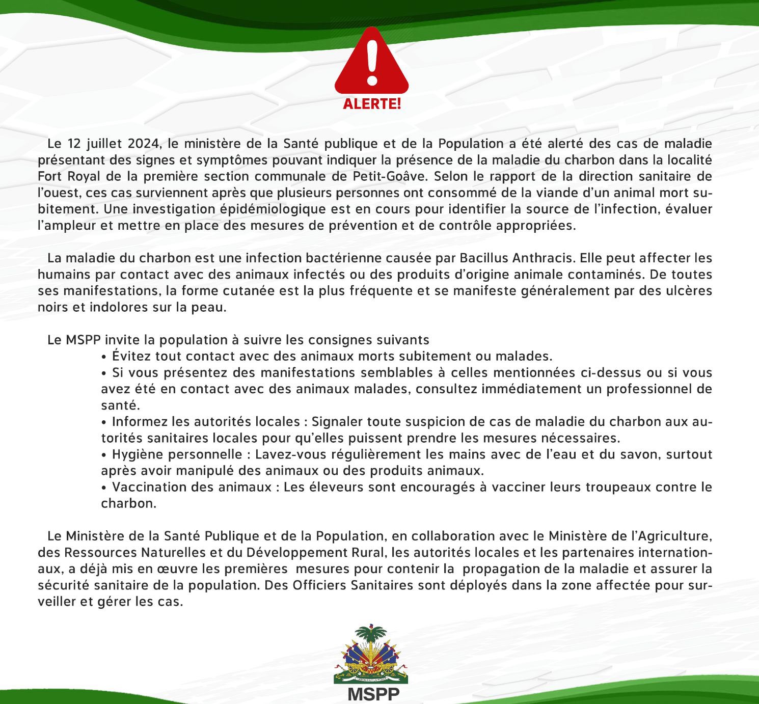 Des cas suspects de charbon recensés dans une localité en Haïti