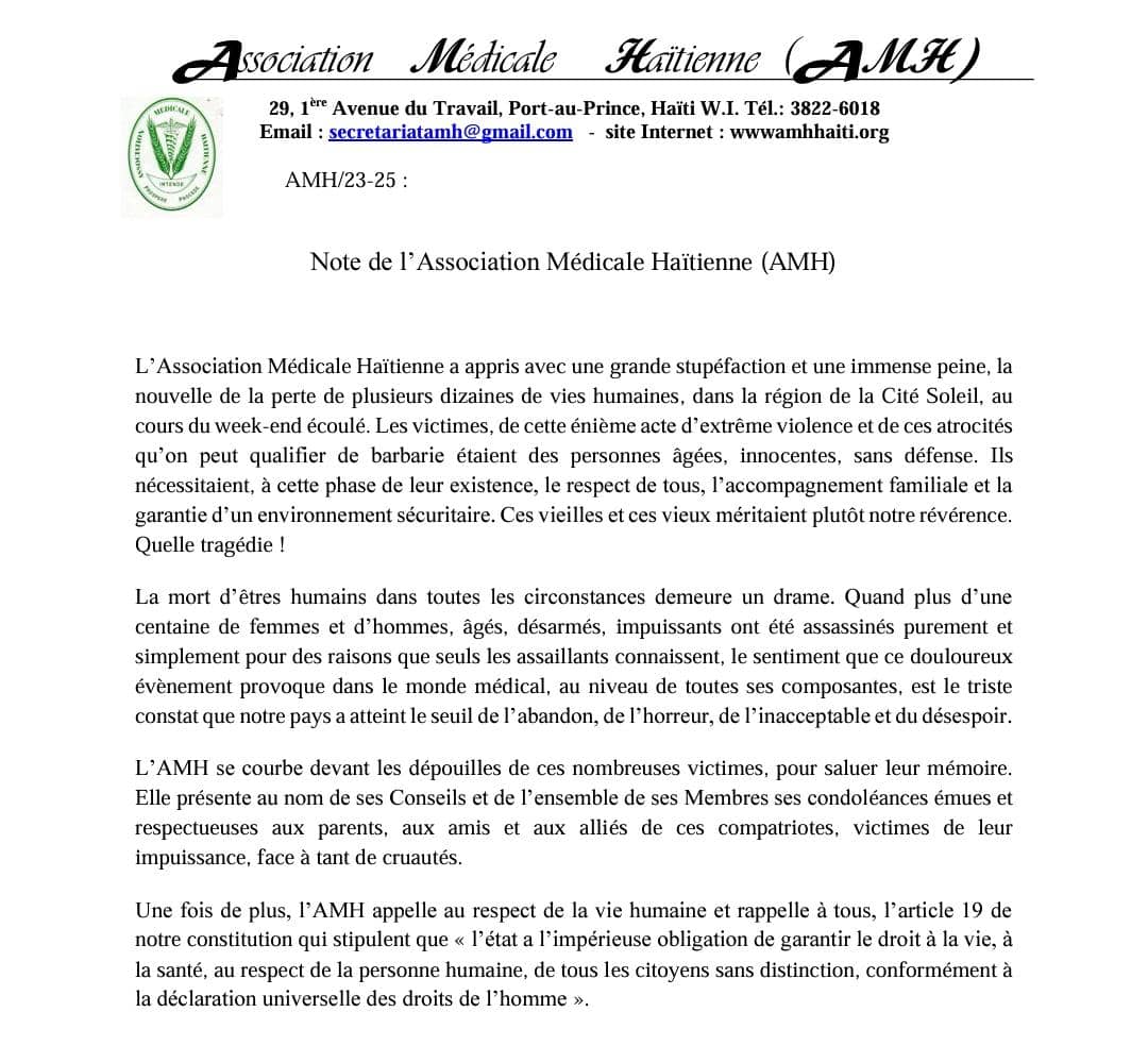 L'Association médicale haïtienne s'insurge contre la banalisation de la vie