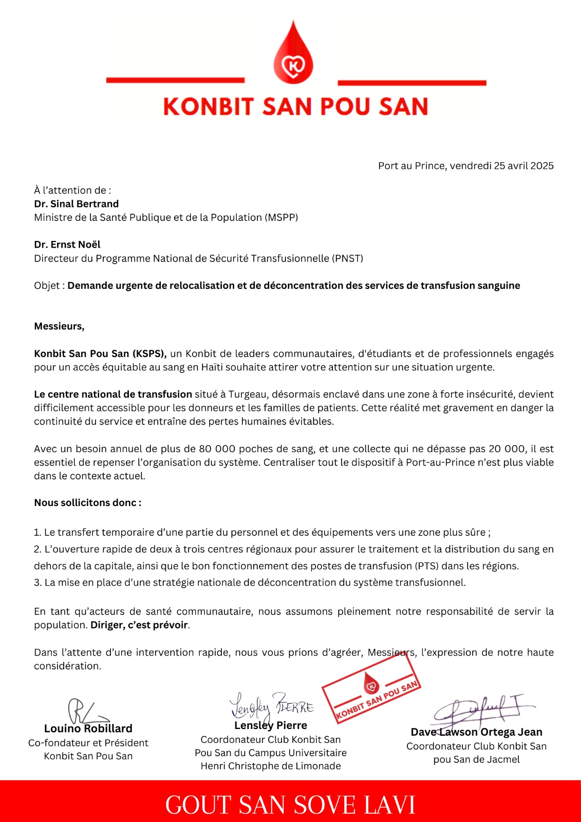 Insécurité: Konbit San Pou San plaide pour une relocalisation du Centre national de transfusion sanguine