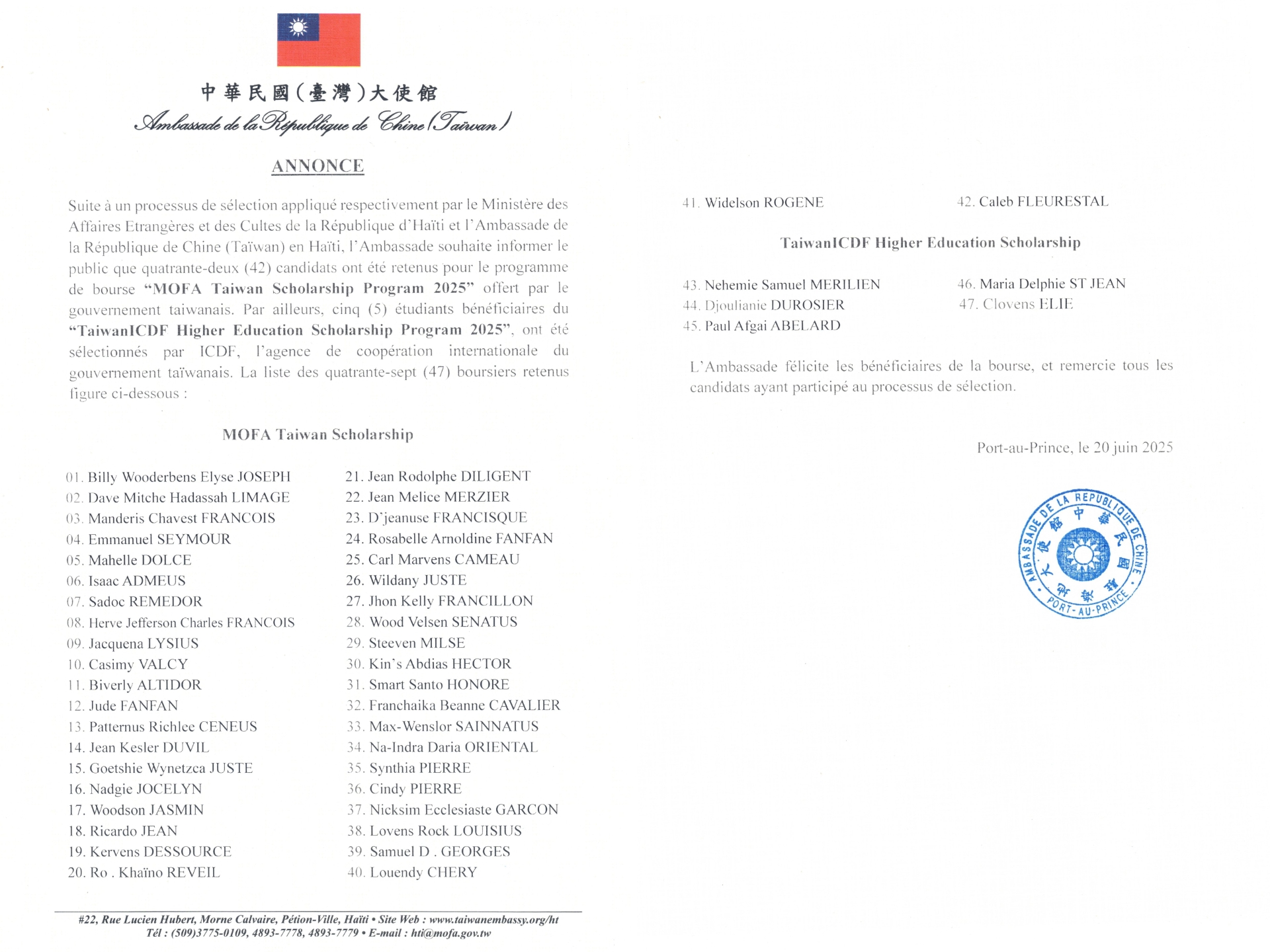 47 jeunes haïtiens retenus par le programme de bourses de Taïwan