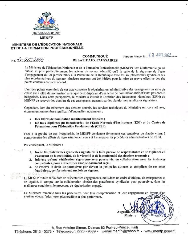 Régularisation des enseignants: le MENFP dénonce des lettres de nomination falsifiées et de faux diplômes
