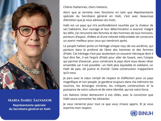 La cheffe du BINUH fait ses adieux à Haïti