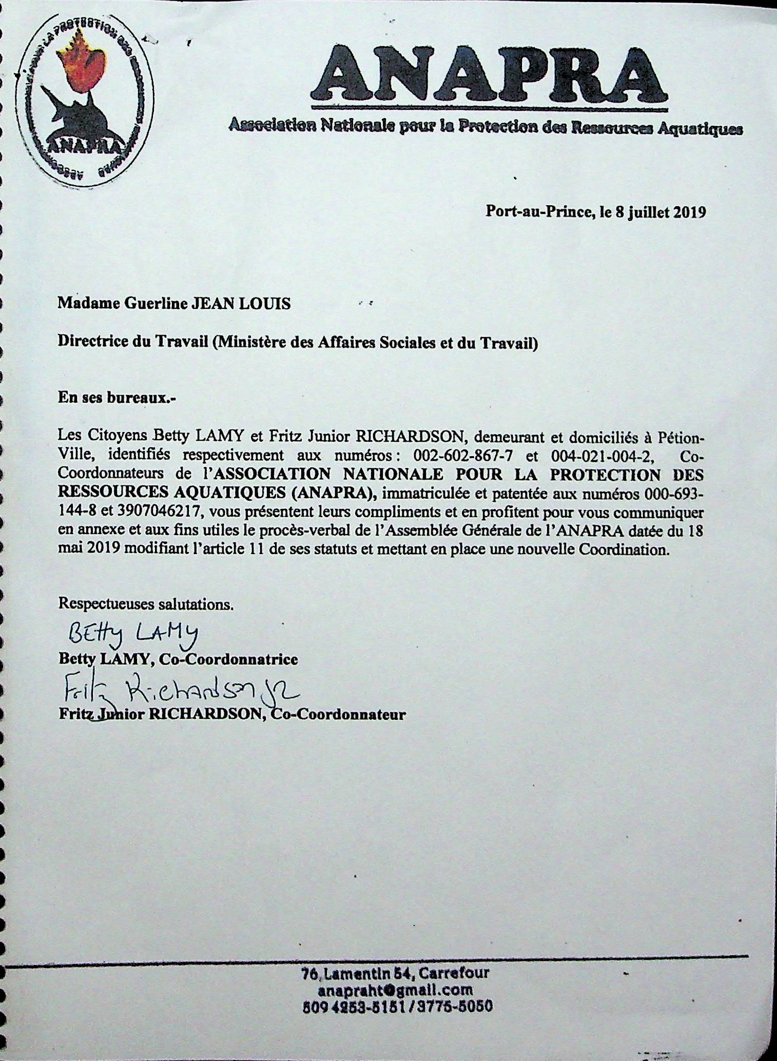 Lettre adressée au Ministre de la Justice et de la Sécurité Publique