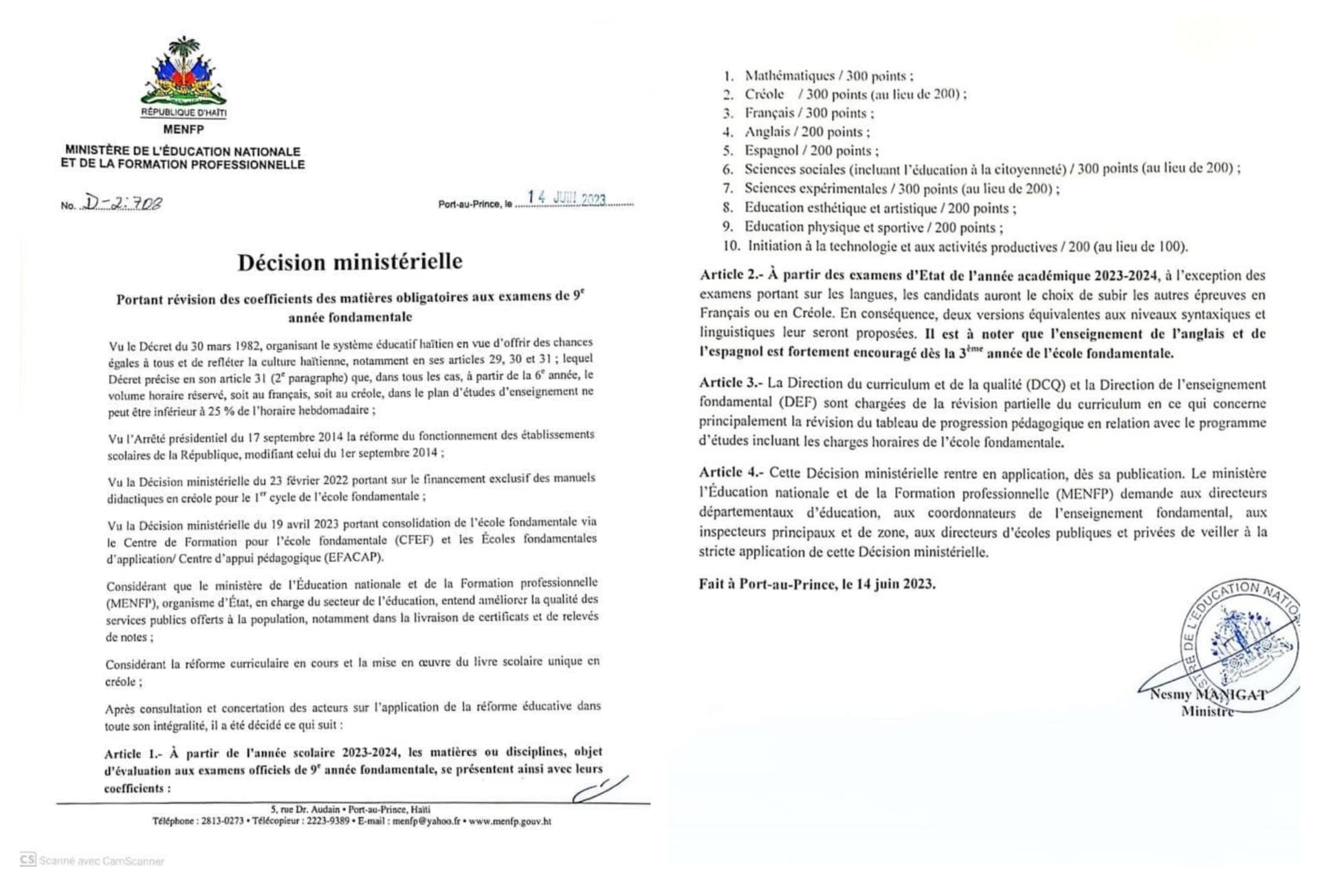 De nouvelles disciplines intégrées aux examens de la 9e A.F.