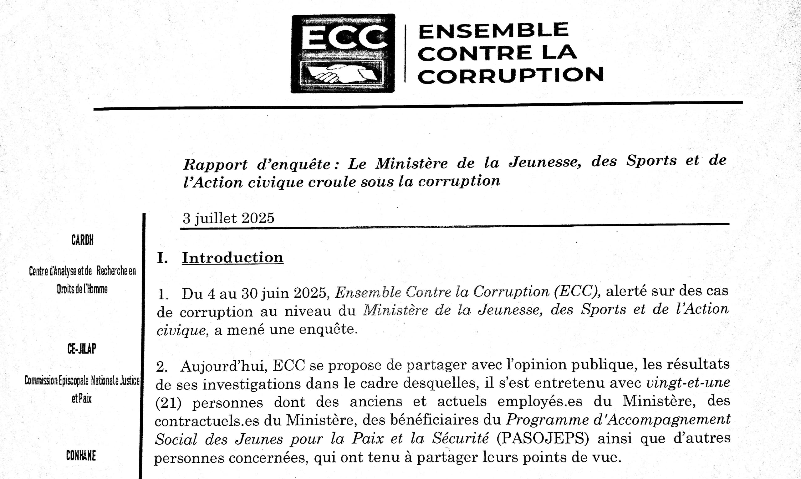 Le Ministère de la Jeunesse et des Sports au cœur d’une vaste affaire de corruption révélée par l’ECC