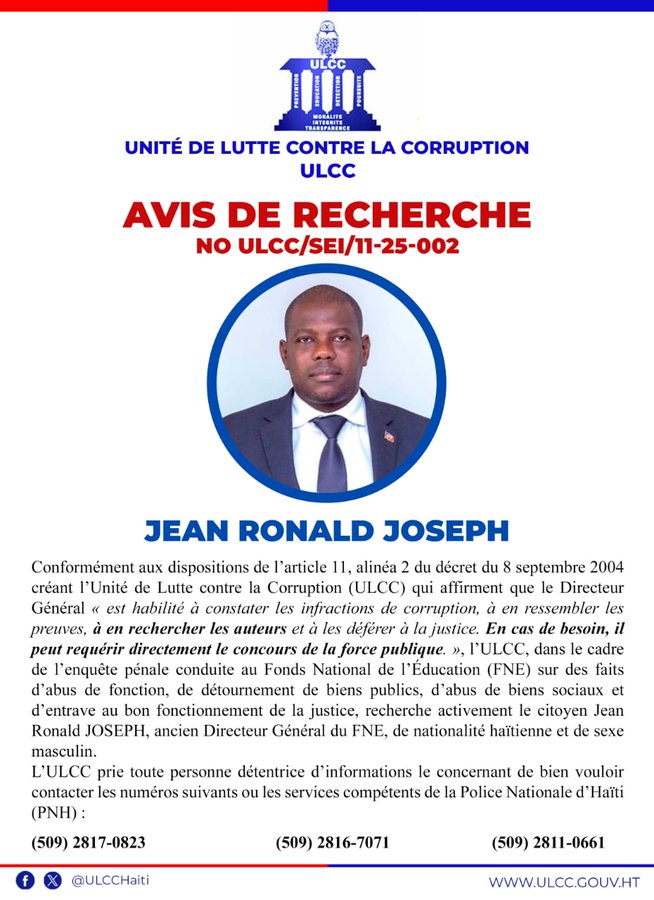 L’ULCC lance un avis de recherche contre l’ex-directeur général du FNE Jean Ronald Joseph