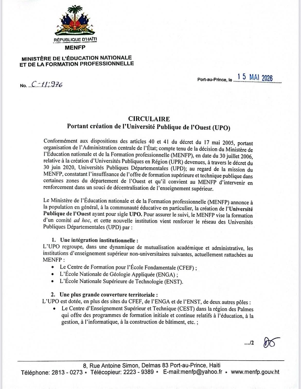 Le MENFP crée l'Université publique de l'Ouest