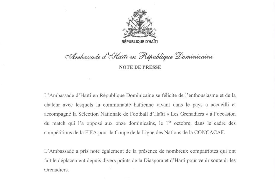 Match Haïti vs République dominicaine : L’ambassade d’Haïti à Saint Domingue n’a publié qu’un seul communiqué